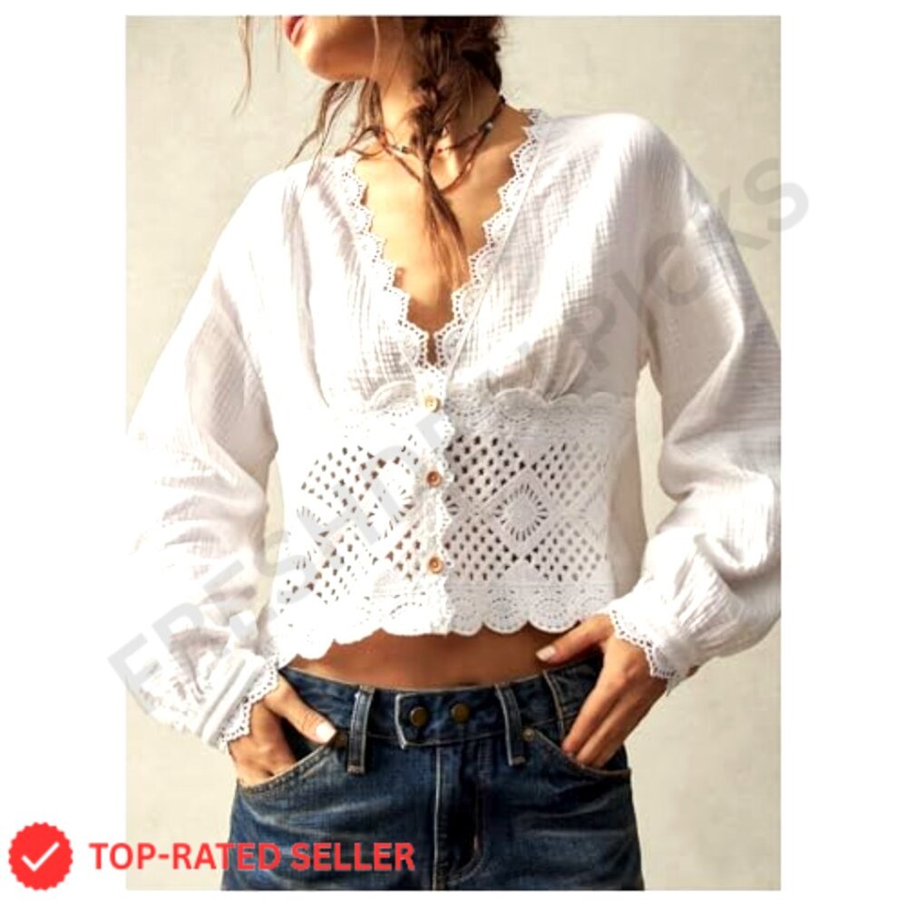 Vintage Crochet Patchwork Blouse Boho Deep V Neck Button Up Crop Top - Picture 4 of 5